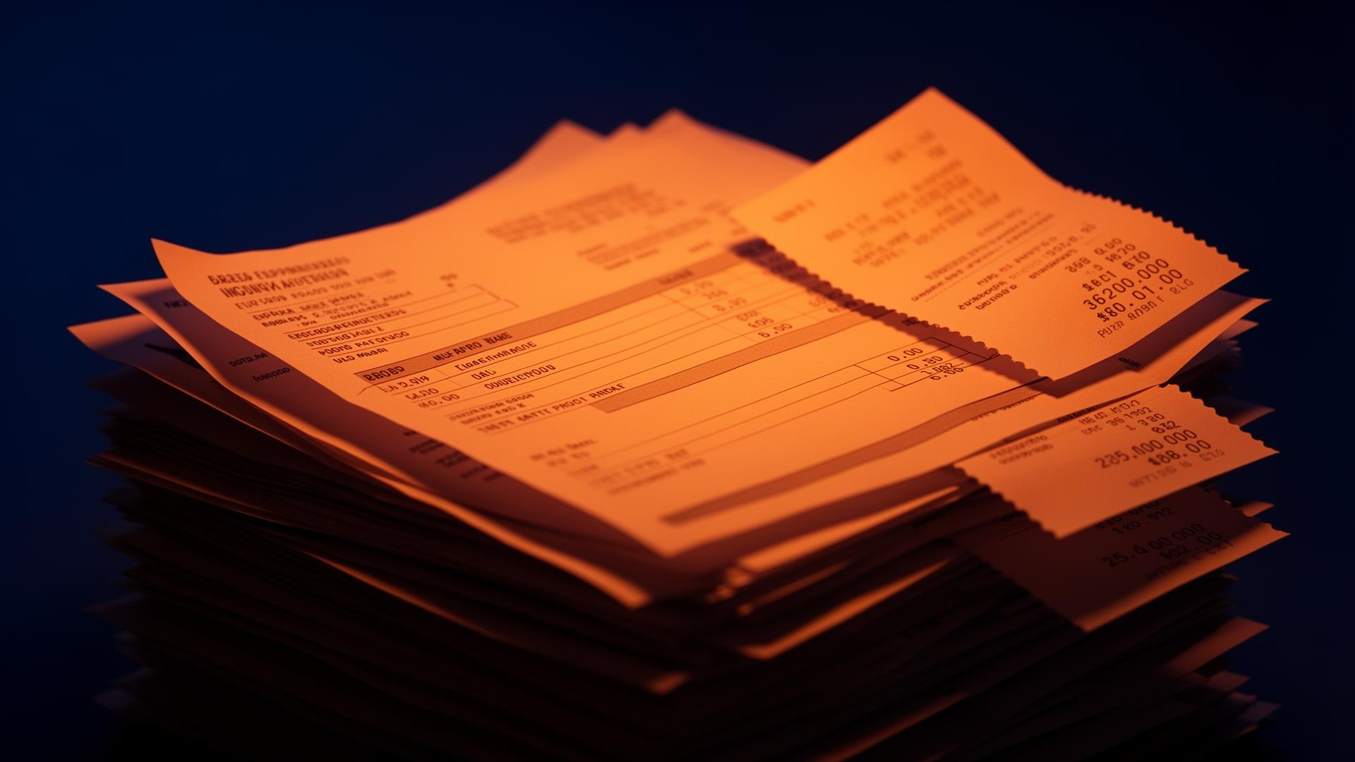 Stack of invoices illuminated by warm light
