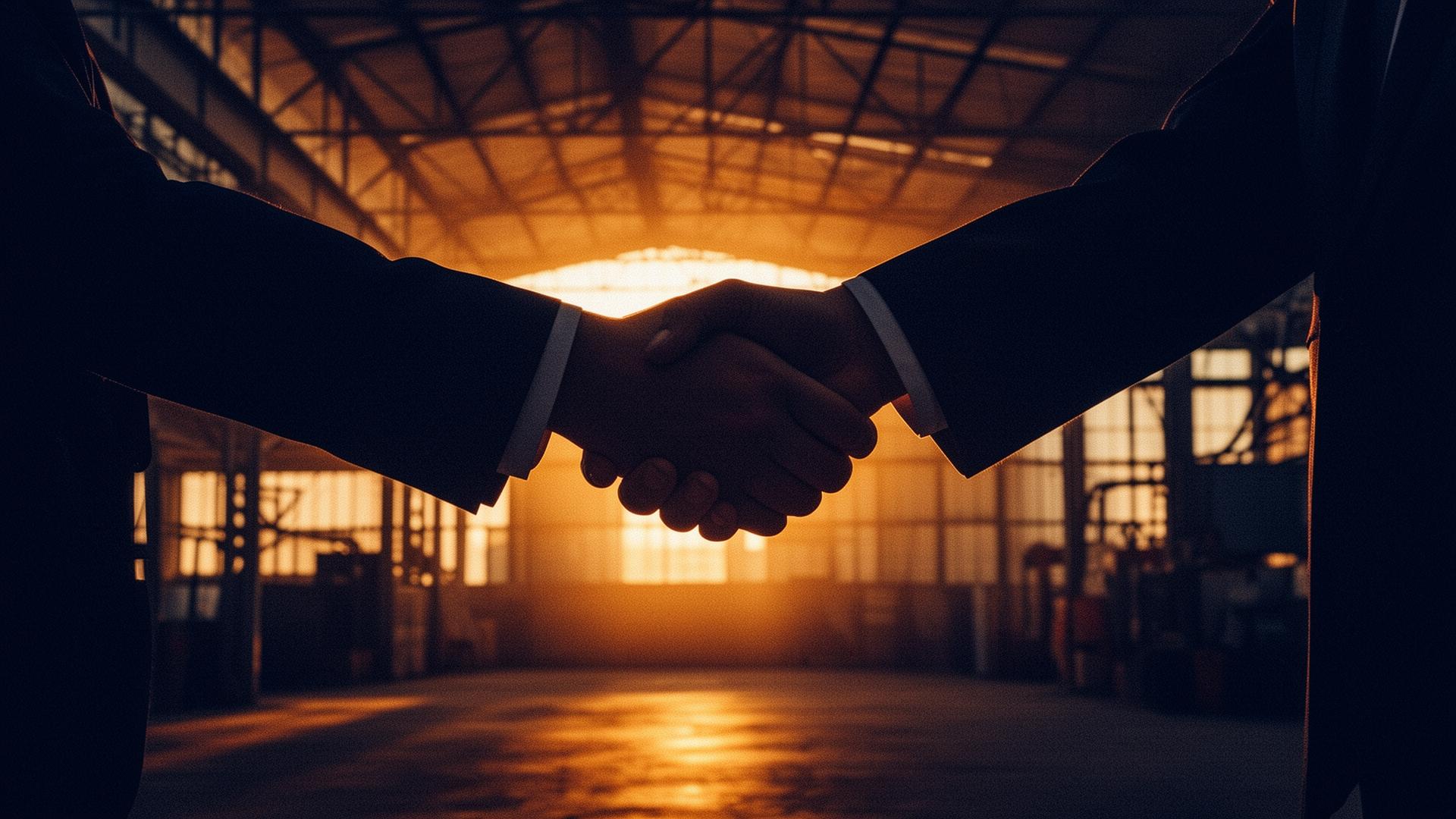 Two business partners shake hands inside a warehouse at sunset