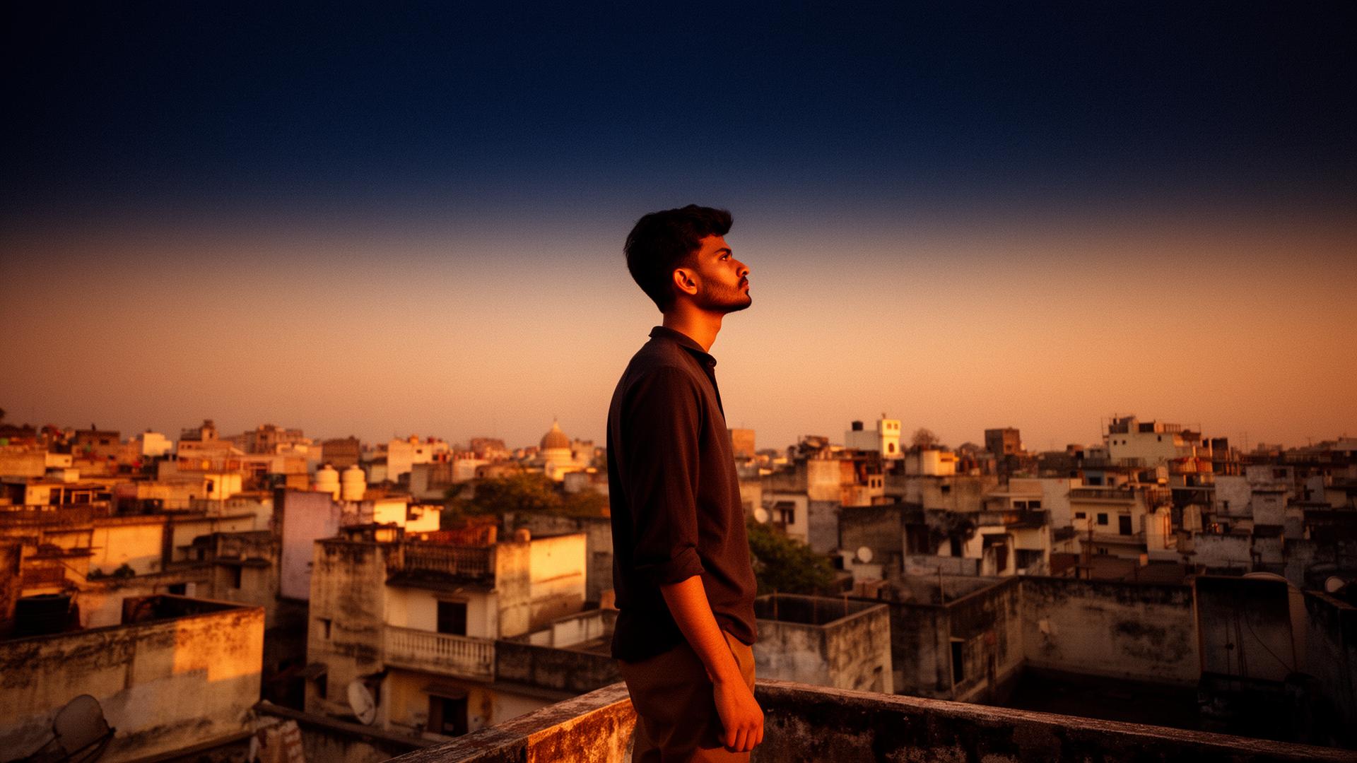 Founder at golden hour overlooking an Indian city skyline